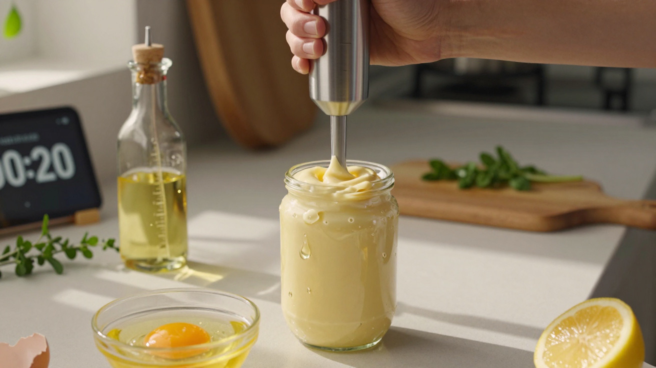 Hand mixt cremige Mayonnaise in einem Glas mit einem elektrischen Stabmixer in einer Küche.