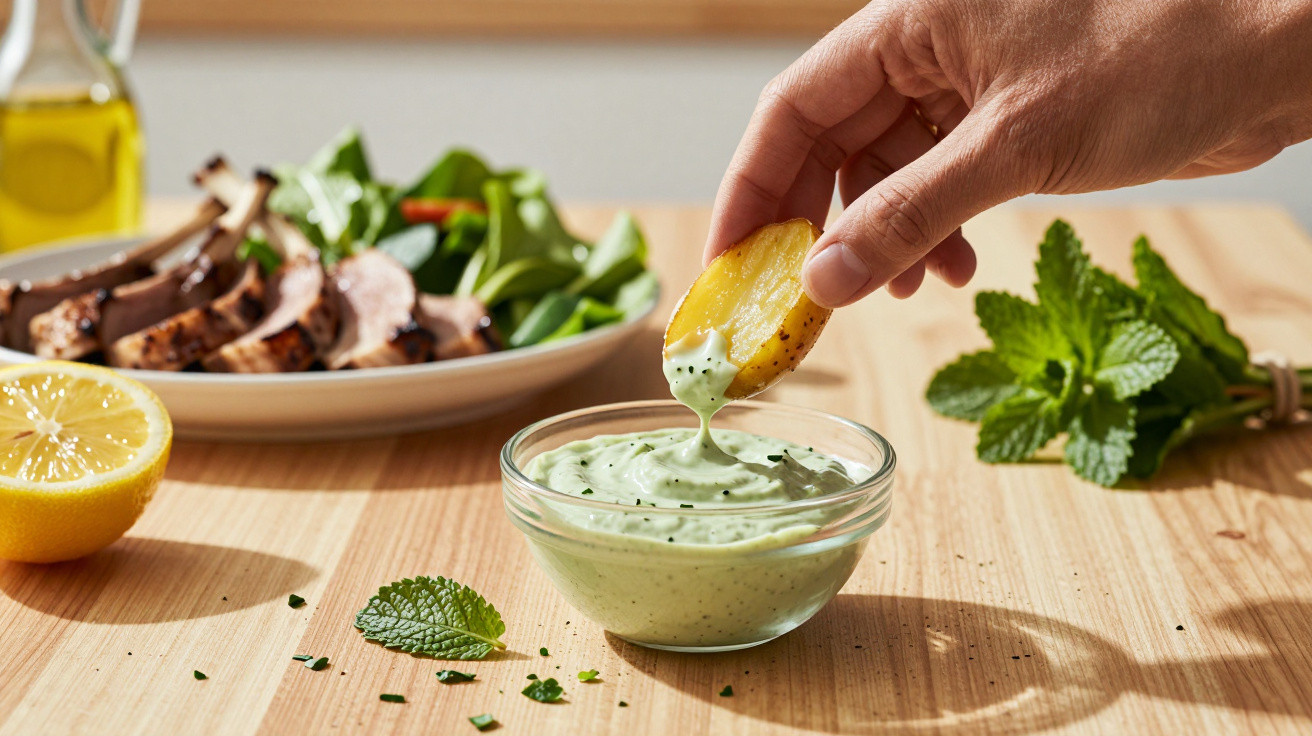 Hand dippt gebackene Kartoffel in cremigen grünen Kräuterdip, Teller mit Salat und Fleisch im Hintergrund.
