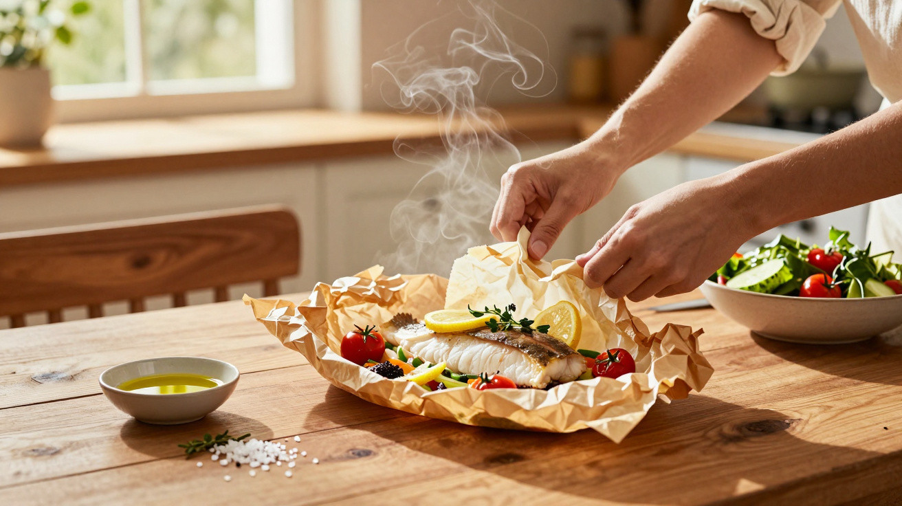 Dampfender gebratener Fisch mit Zitronenscheiben, Cherrytomaten und frischen Kräutern auf Holztablett, Hände öffnen Papier.