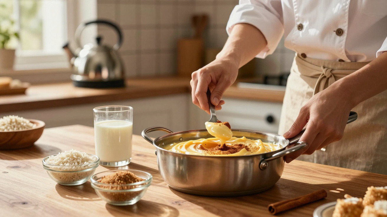 Person gibt Gewürz auf cremige Speise in Edelstahlpfanne in sonniger Küche mit Zutaten auf Holztisch