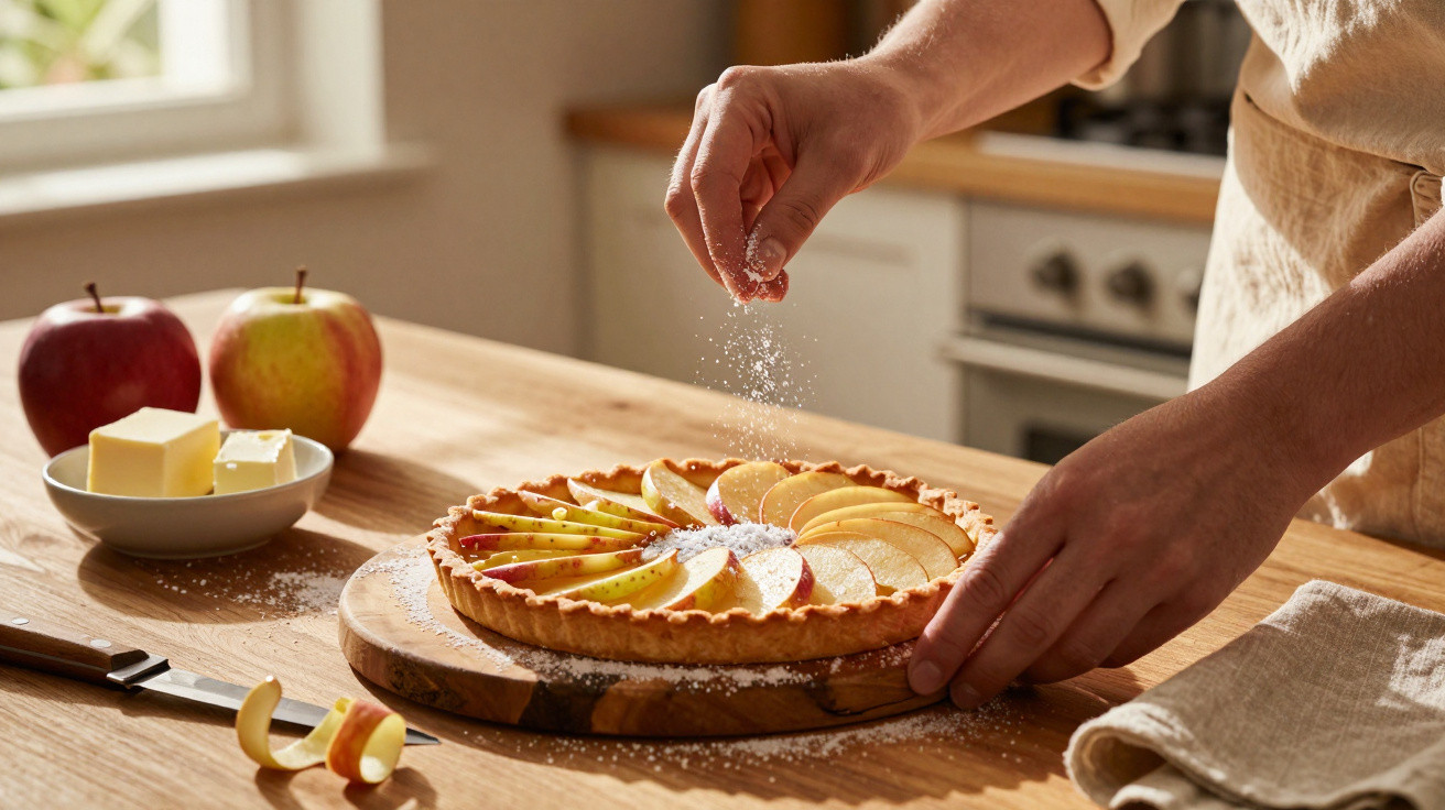 Person bestreut frisch gebackenen Apfelkuchen mit Puderzucker in einer hellen Küche.