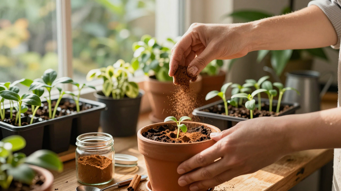 Hand streut Erde auf jungen Pflanzenspross im Blumentopf auf Fensterbank mit weiteren Pflanzen.