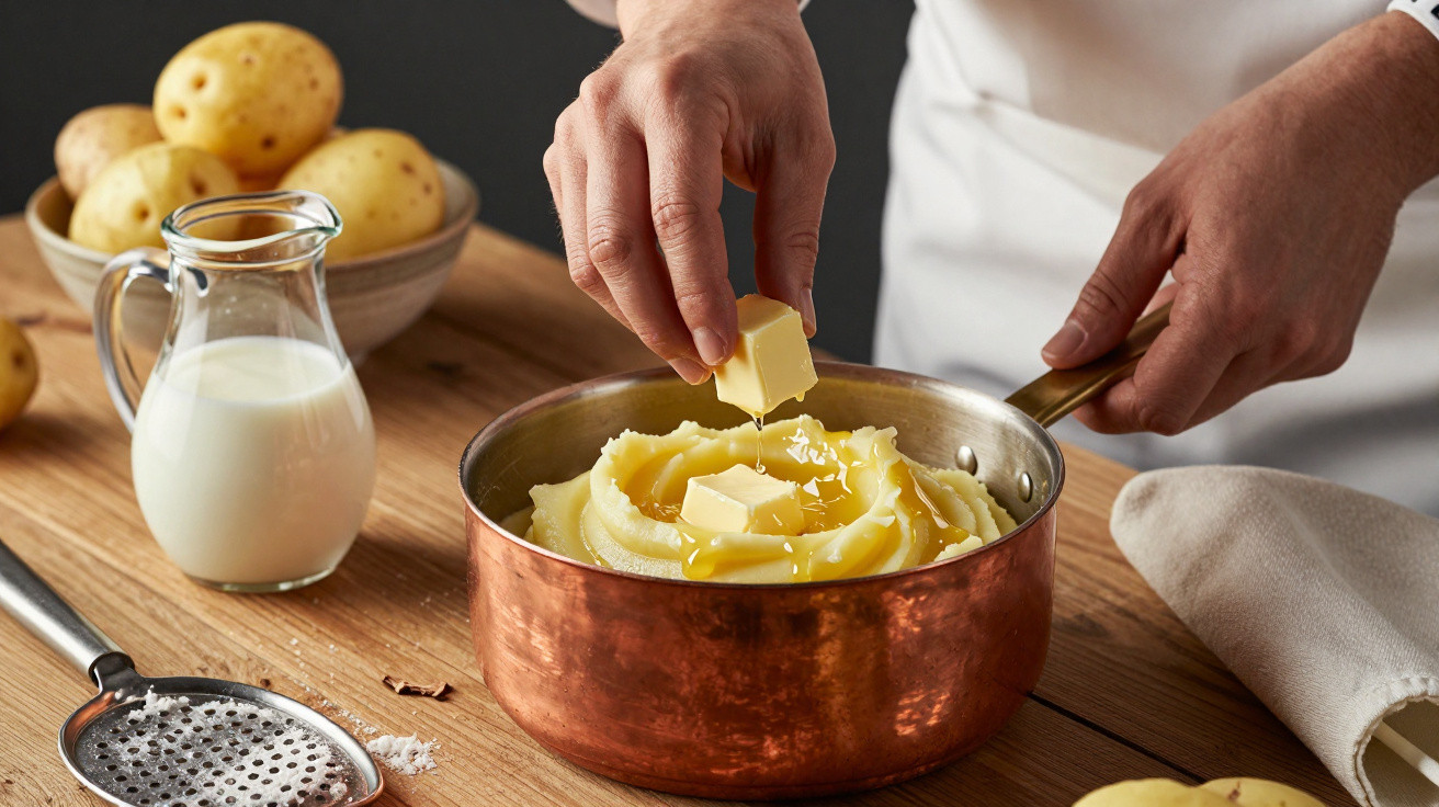 Zubereitung von cremigem Kartoffelpüree mit Butter in Kupfertopf auf Holztisch mit Milch und Kartoffeln.