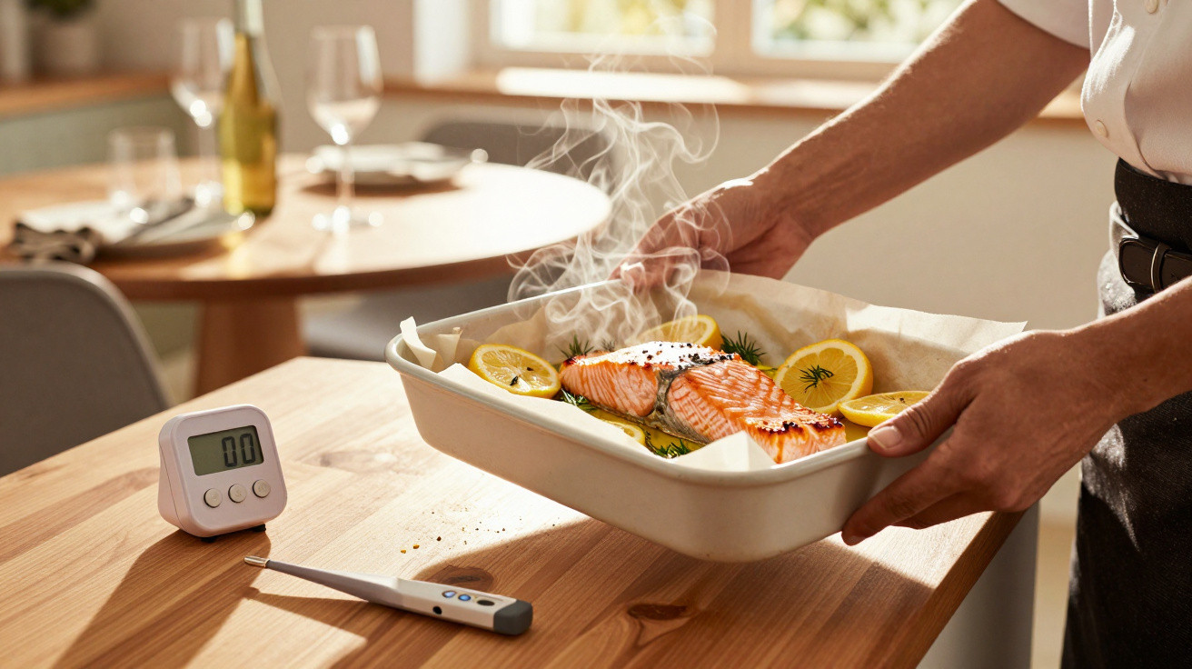 Gedämpfter Lachs mit Zitronenscheiben in Auflaufform, gehalten von zwei Händen am Küchentisch.