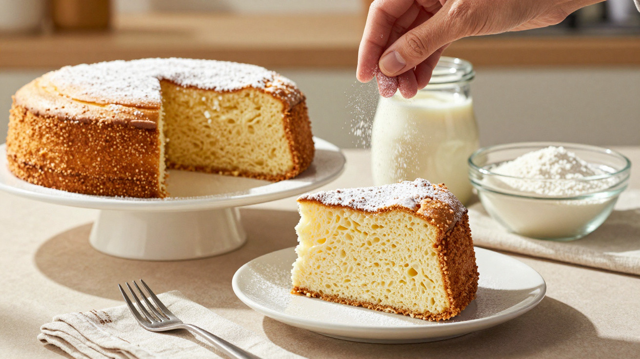 Hand bestreut Kuchen mit Puderzucker, Kuchenstück auf Teller, Gabel, Milch und Puderzucker im Hintergrund.