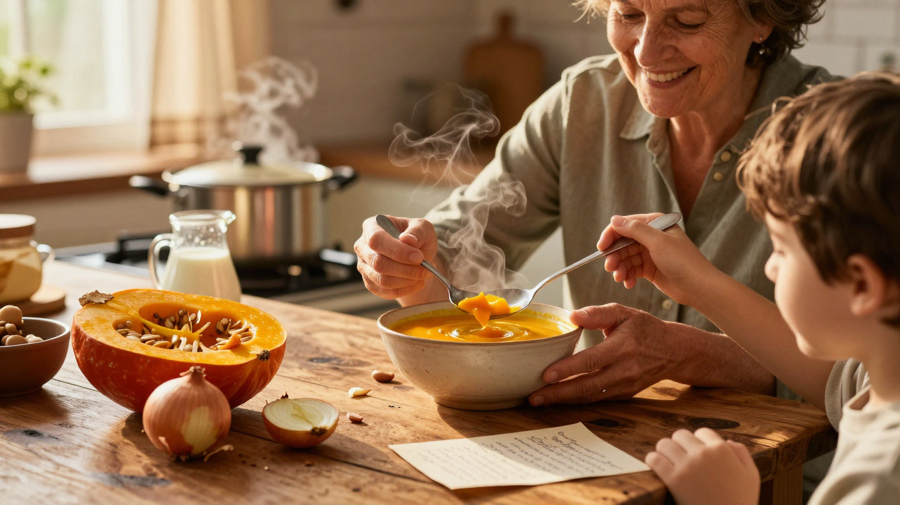 Ältere Frau und Kind essen zusammen dampfende Kürbissuppe an einem Holztisch in der Küche.