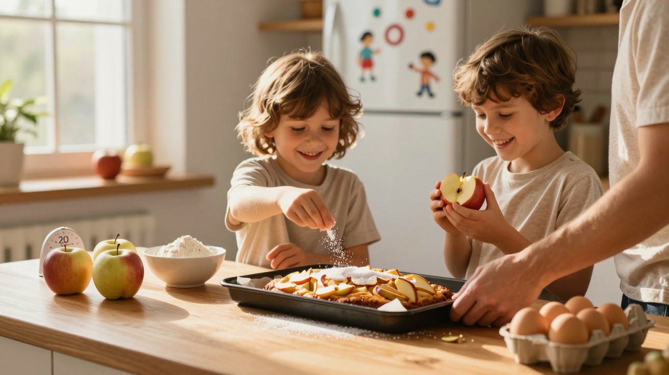 Zwei Kinder streuen Zucker auf Apfelkuchen in einer Küche, daneben liegen Äpfel, Mehl und Eier.