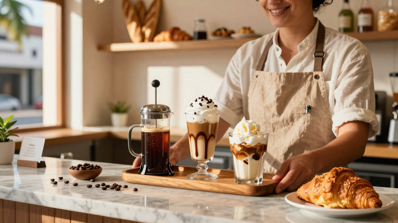 Barista serviert Tablett mit Kaffee in Café, Croissant auf Theke im Vordergrund, helle und warme Atmosphäre.