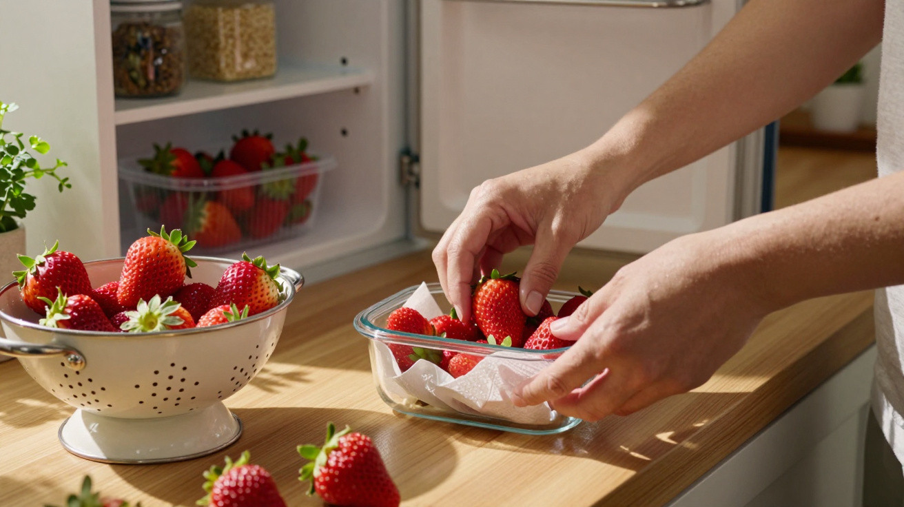 Hände legen frische Erdbeeren in eine Glasdose vor offenem Kühlschrank in sonniger Küche.