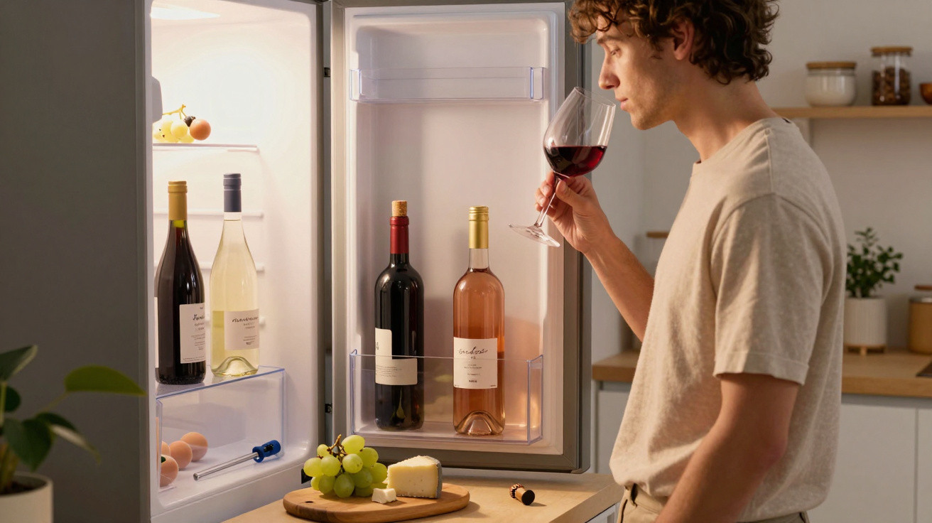 Junger Mann riecht an einem Glas Rotwein vor offenem Kühlschrank mit Weinflaschen und Käse in Küche.