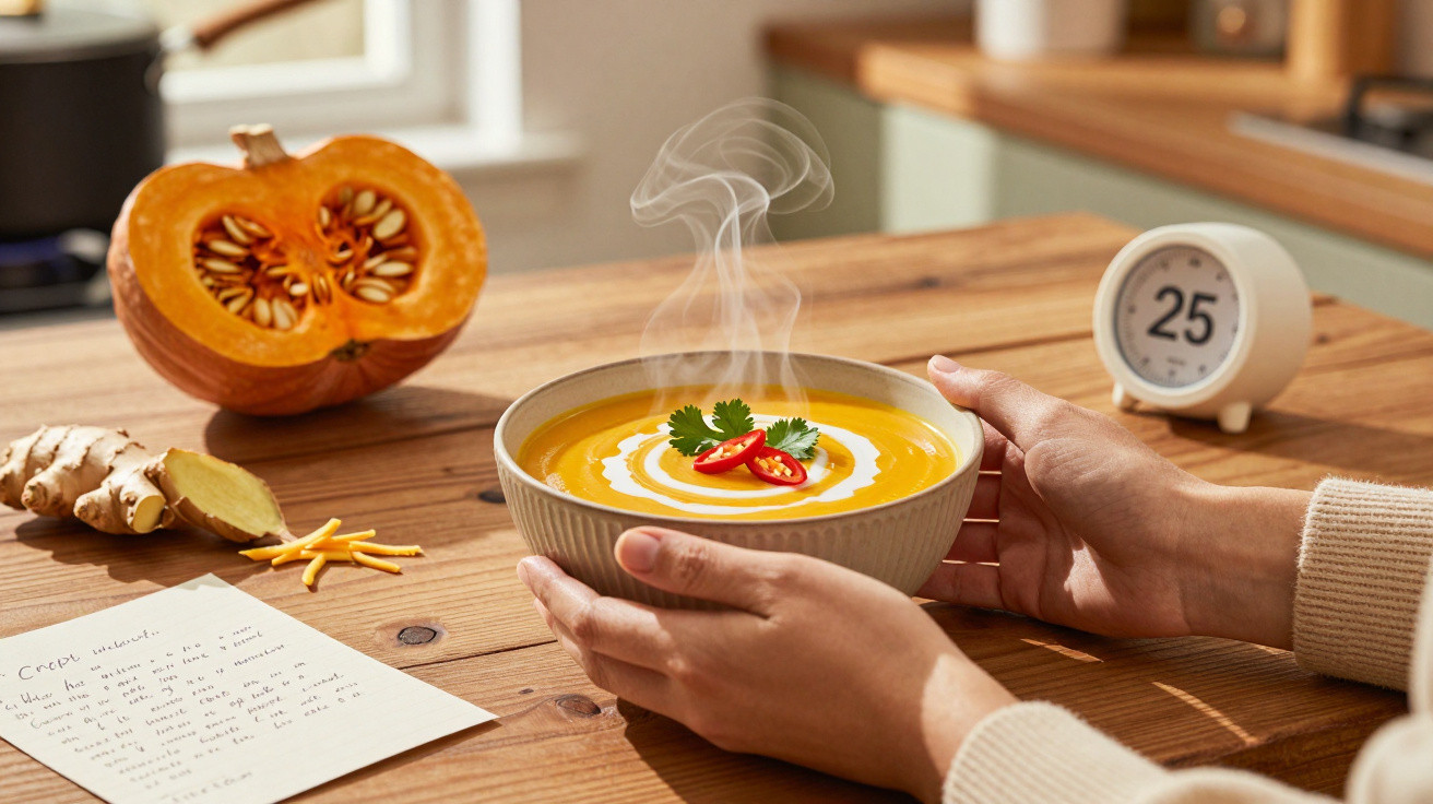 Dampfende Kürbissuppe in einer Schüssel mit Chili, Koriander und Sahne, Hände halten die Schüssel am Holztisch.