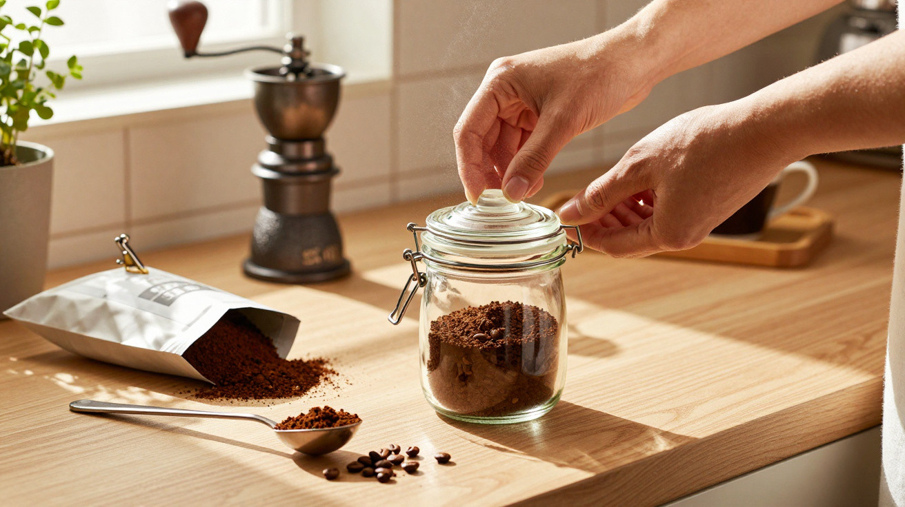 Hände verschließen ein Glas mit frisch gemahlenem Kaffee auf einer hellen Holzküche bei Tageslicht.