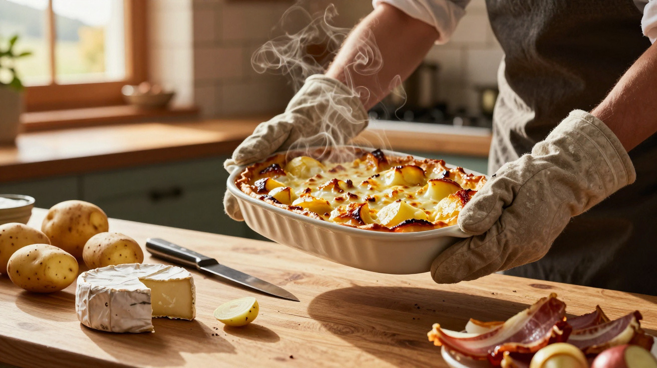 Person mit Ofenhandschuhen hält frisch gebackenen, dampfenden Kartoffelgratin in einer Küche.