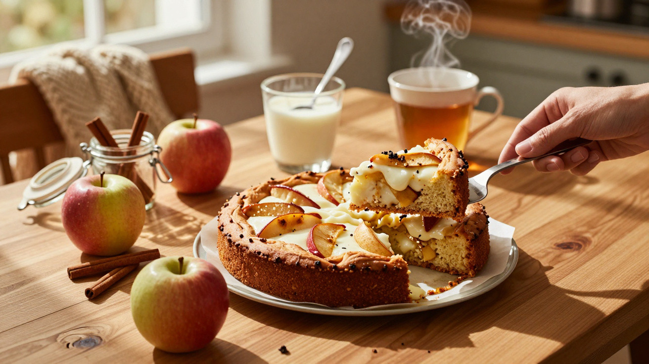 Saftiger Apfelkuchen mit Vanillesoße auf einem weißen Teller, umgeben von frischen Äpfeln und Zimtstangen.