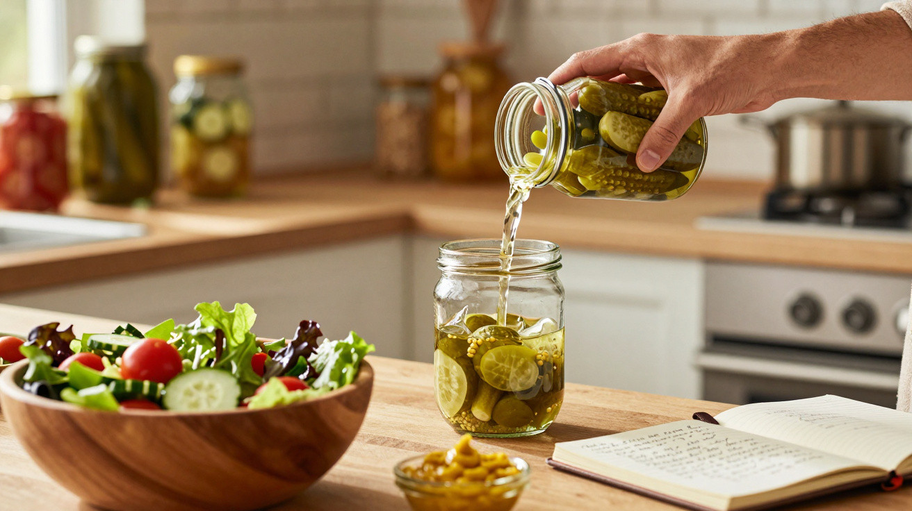 Hand gießt Essiggurken mit Flüssigkeit in ein Glas auf Küchentheke neben Salatschüssel und geöffnetem Kochbuch.
