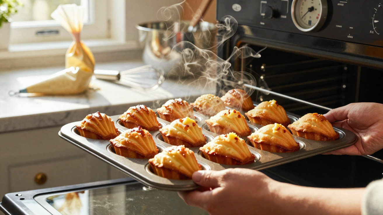 Frisch gebackene Madeleines in einer Backform werden aus dem Ofen geholt, Dampf steigt auf.