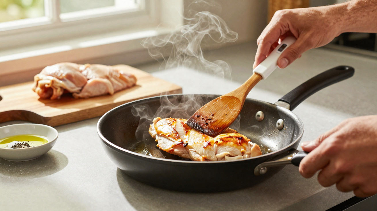 Hähnchenbrust wird in einer Pfanne angebraten, daneben frisches Hähnchenfleisch auf einem Holzbrett.