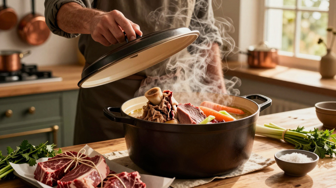Person hebt den Deckel von einem dampfenden Schmortopf mit Fleisch und Gemüse in einer Küche.