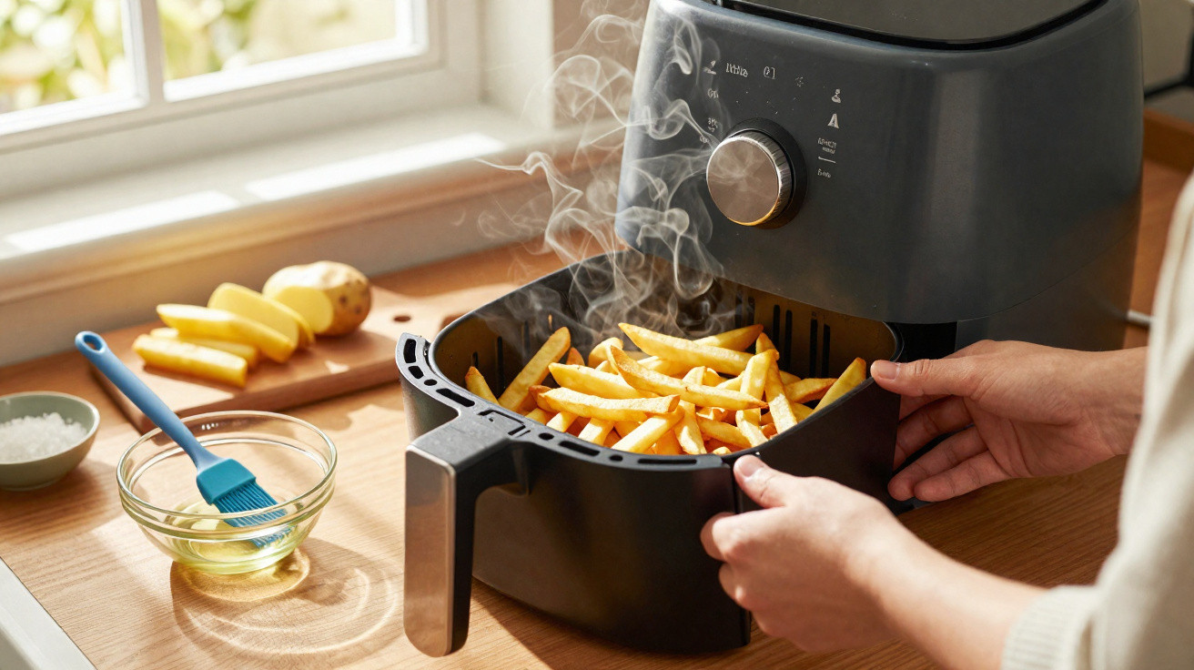 Heißer Korb mit frischen, dampfenden Pommes aus der Heißluftfritteuse auf Küchenarbeitsplatte.