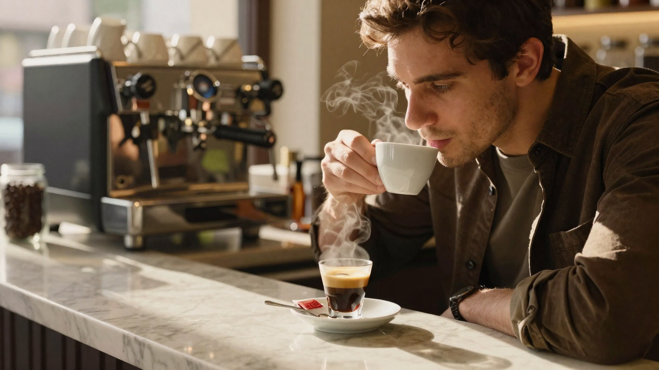 Mann genießt dampfenden Espresso an Marmor-Theke in gemütlichem Café mit Espressomaschine im Hintergrund.