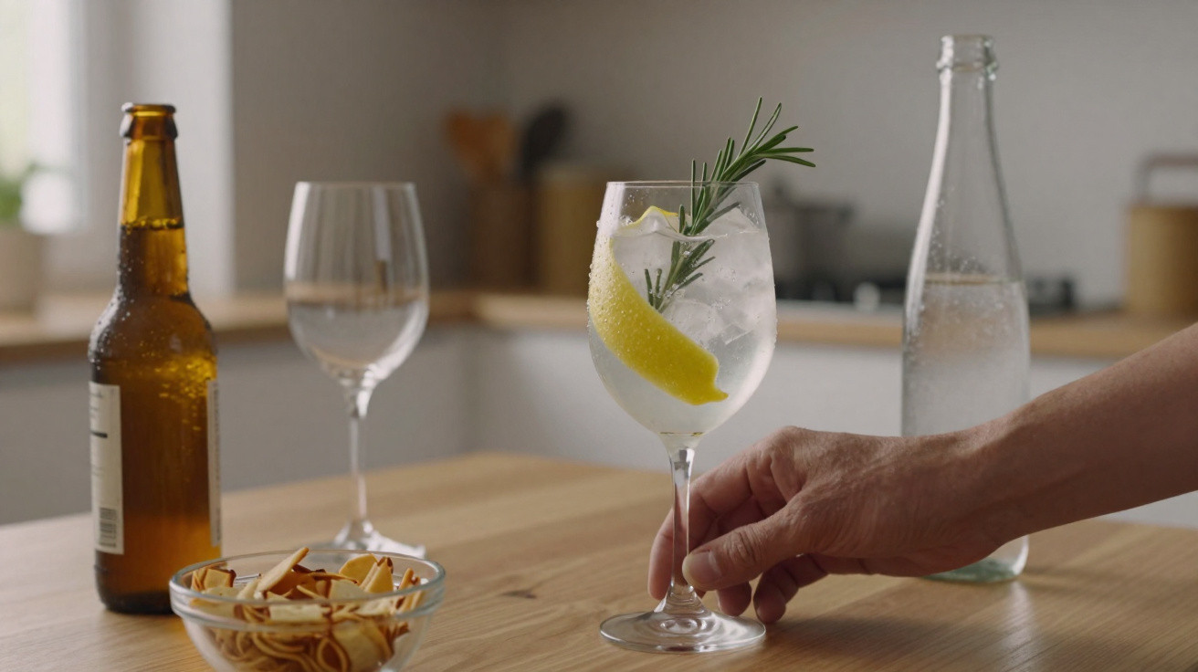 Hand greift nach Cocktailglas mit Eis, Zitronenschale und Rosmarinzweig auf Holztisch neben Flaschen und Snacks.