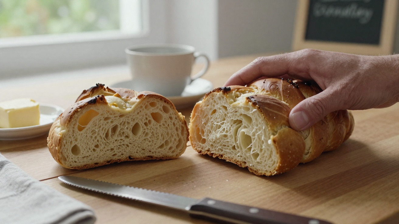 Frisch geschnittenes, luftiges Hefebrot auf Holztisch, daneben Messer, Butter und Kaffeetasse.