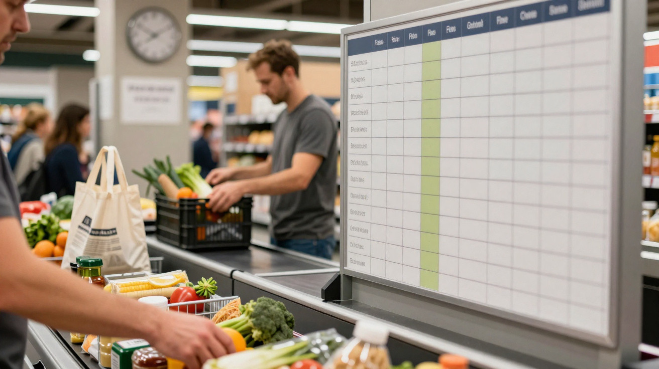 Supermarkt-Kasse mit Kunden, die frisches Gemüse und Lebensmittel auf das Förderband legen.