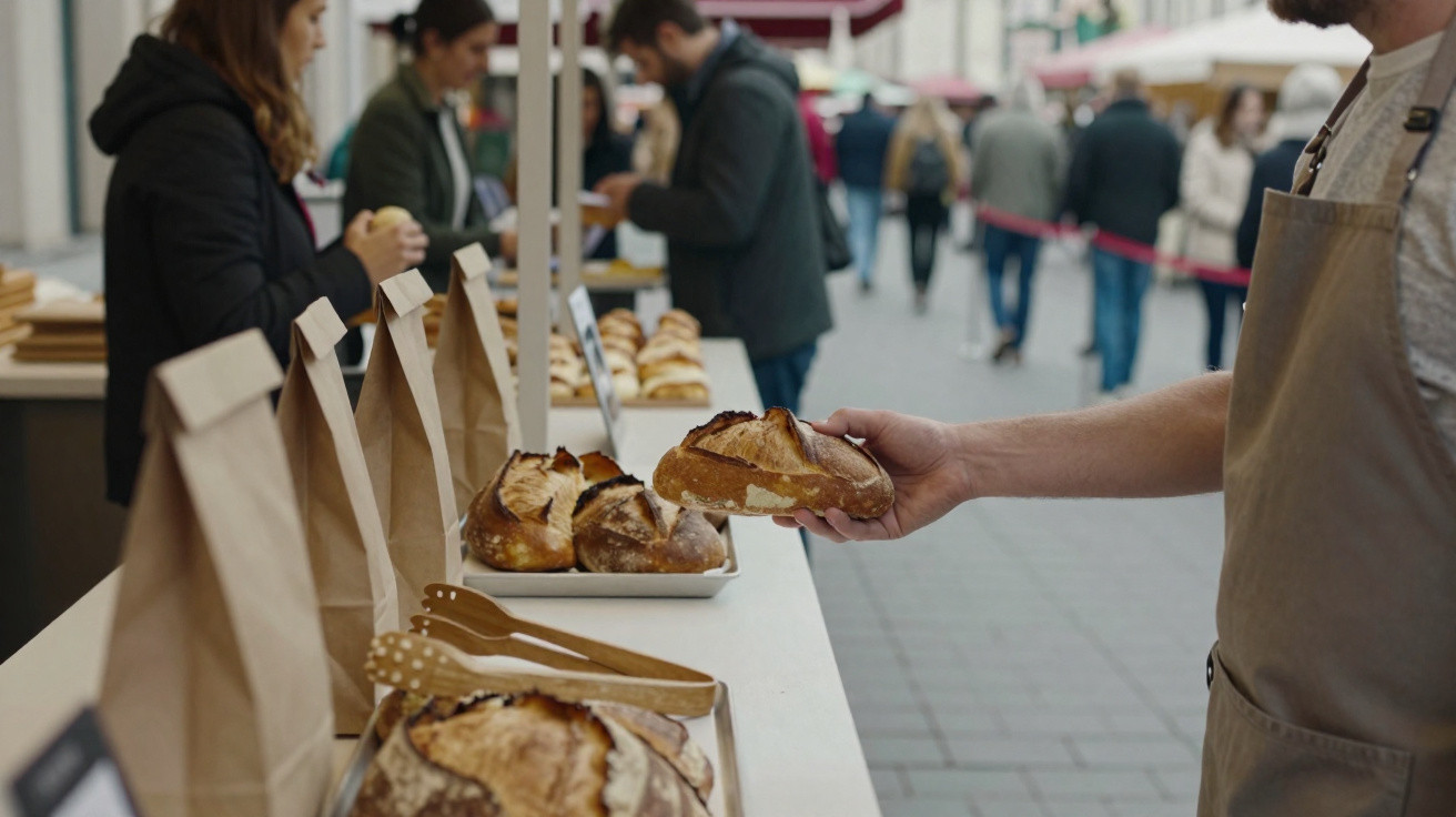 Verkäufer reicht frisches Brot an Kunden an einem Marktstand mit Backwaren und Papiertüten.