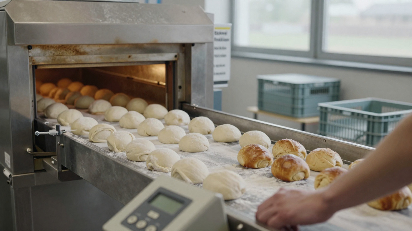 Förderband mit Teiglingen und frisch gebackenen Brötchen aus Backofen in Bäckerei.