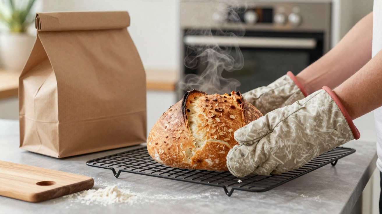 Frisch gebackenes, dampfendes Brot mit Haferflocken auf einem Gitterrost, Hände mit Topfhandschuhen halten es.