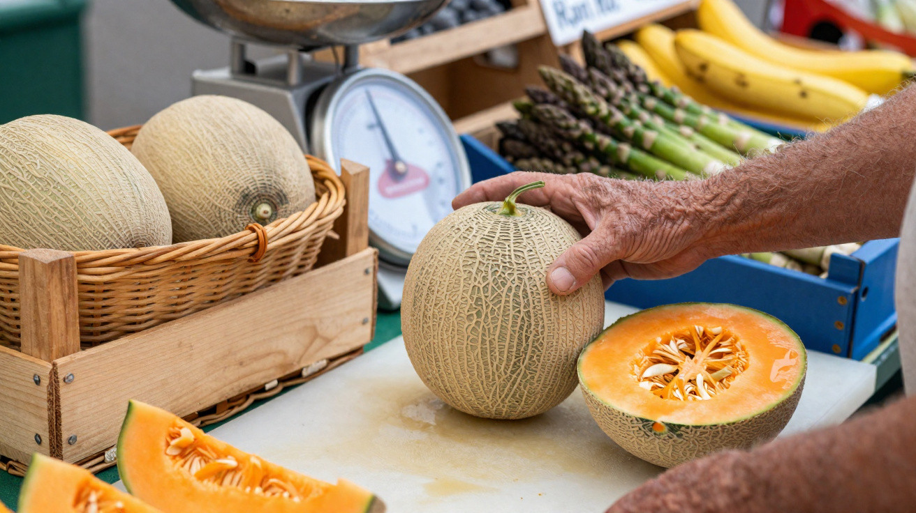 Eine Hand hält eine Netzmelone neben einer aufgeschnittenen Melone auf einem Marktstand.