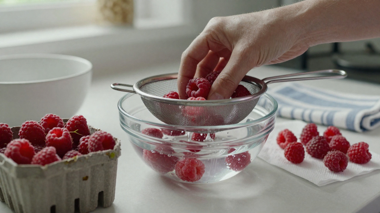 Hand legt Himbeeren in ein Sieb über einer Glasschüssel mit Wasser, weitere Himbeeren daneben.