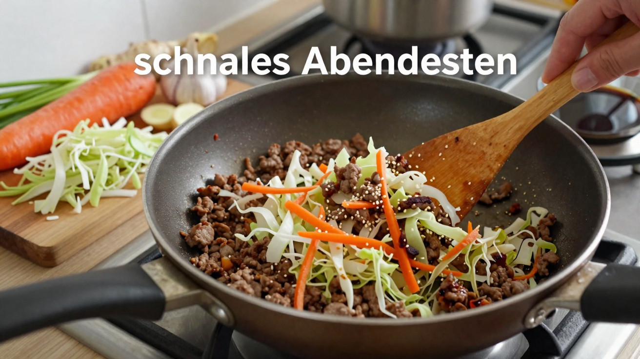 Hackfleisch und Gemüse werden in einer Pfanne auf dem Herd mit einem Holzlöffel angebraten.