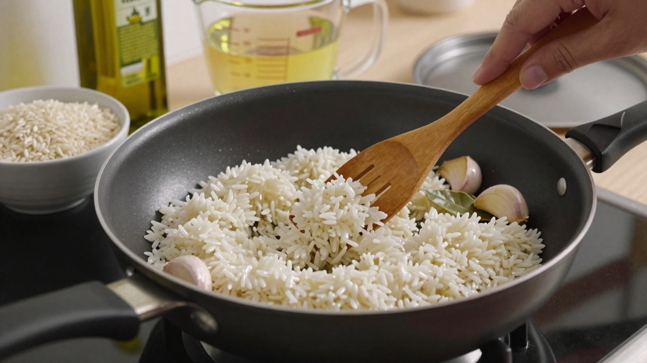 Rohreis und Knoblauch werden in einer Pfanne mit Holzlöffel auf Herd zum Kochen vorbereitet.