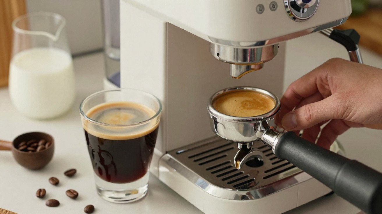 Hand hält Siebträger unter Espressomaschine, Glas mit Espresso und Milchkanne im Hintergrund auf Küchenarbeitsplatte