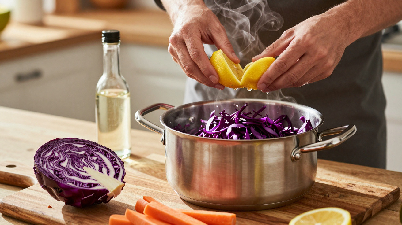 Hände pressen eine halbe Zitrone über einem dampfenden Topf mit Rotkohl in einer Küche.