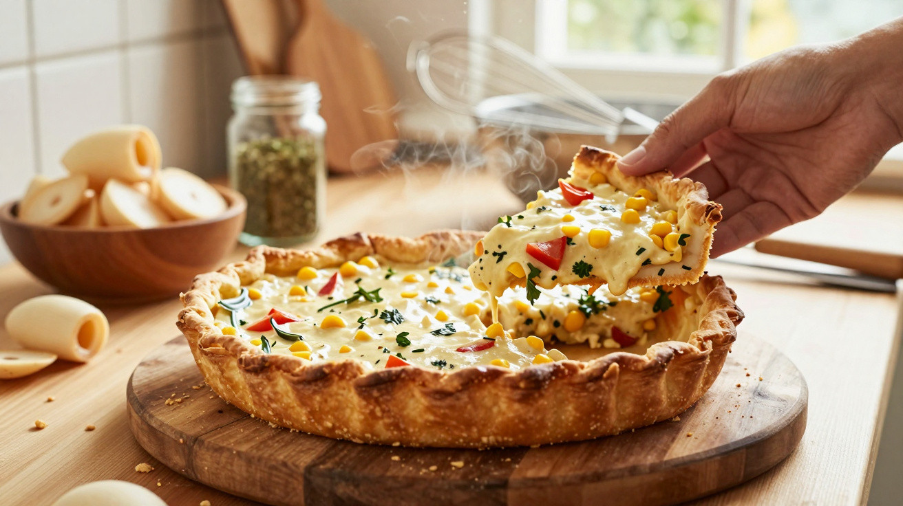 Hand nimmt ein Stück dampfende Gemüsequiche mit Mais, Paprika und Käse von einem Holzbrett in einer hellen Küche.