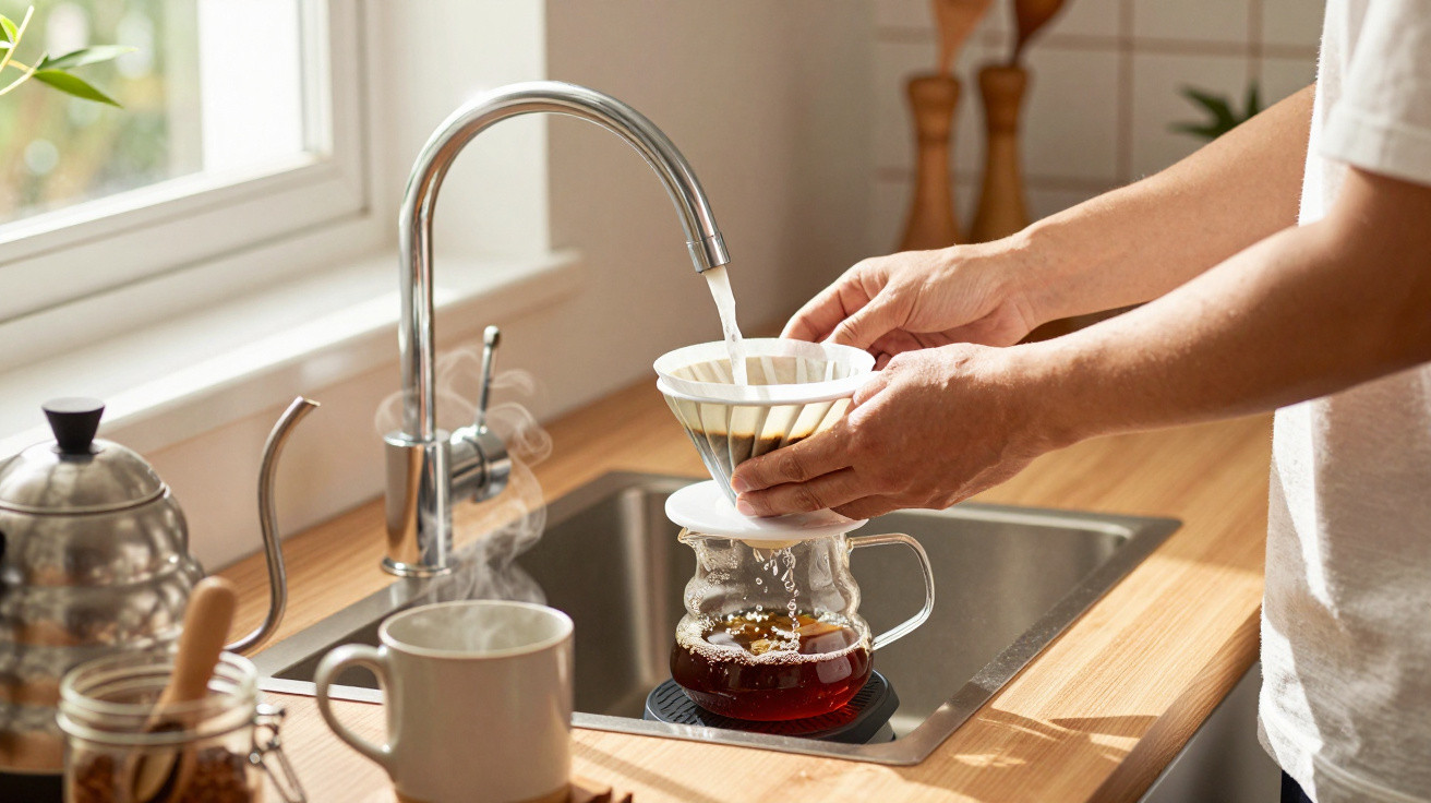 Person gießt heißes Wasser zum Aufbrühen von Filterkaffee in eine Glaskanne in der Küche.