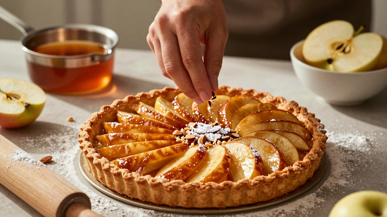 Hand streut Zucker und Mandelblättchen auf frisch gebackenen Apfelkuchen auf grauem Tisch.