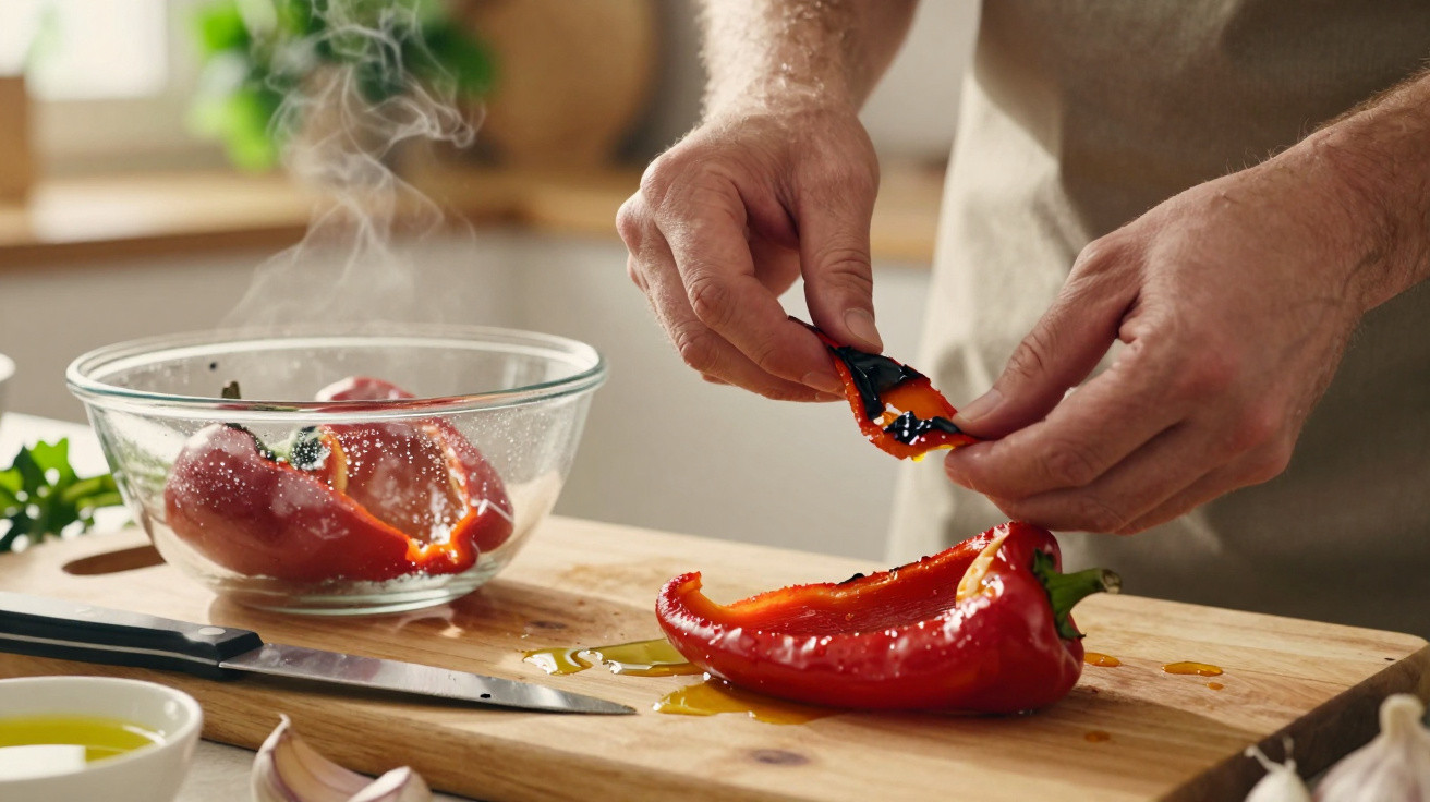 Person entfernt die Haut von gerösteter roter Paprika auf einem Holzbrett in einer Küche.