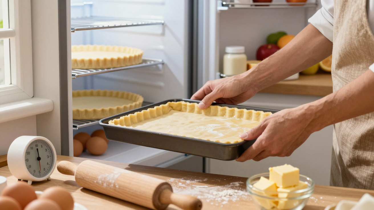 Person legt ungebackenen Kuchenboden in den Kühlschrank, mit Backutensilien und Zutaten auf dem Tisch nebenan
