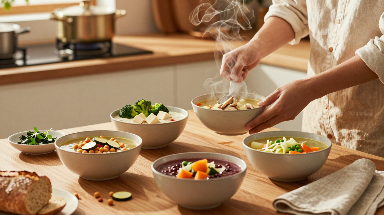 Dampfende Schüssel Suppe wird am Küchentisch von Person mit mehreren Schüsseln Gemüsesuppe serviert.