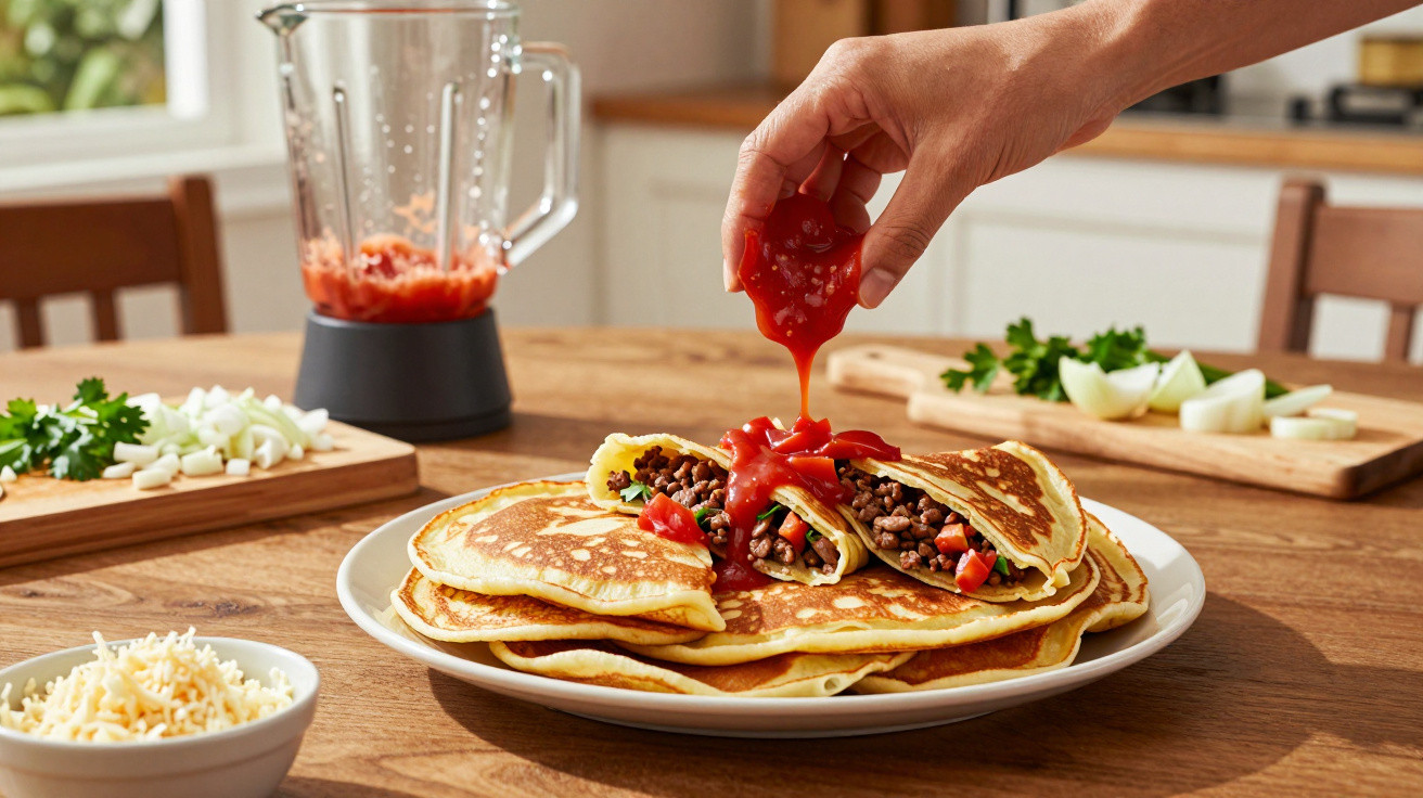 Hand gibt tomatensauce auf gefüllte Pfannkuchen mit Hackfleisch und Gemüse auf einem Teller.
