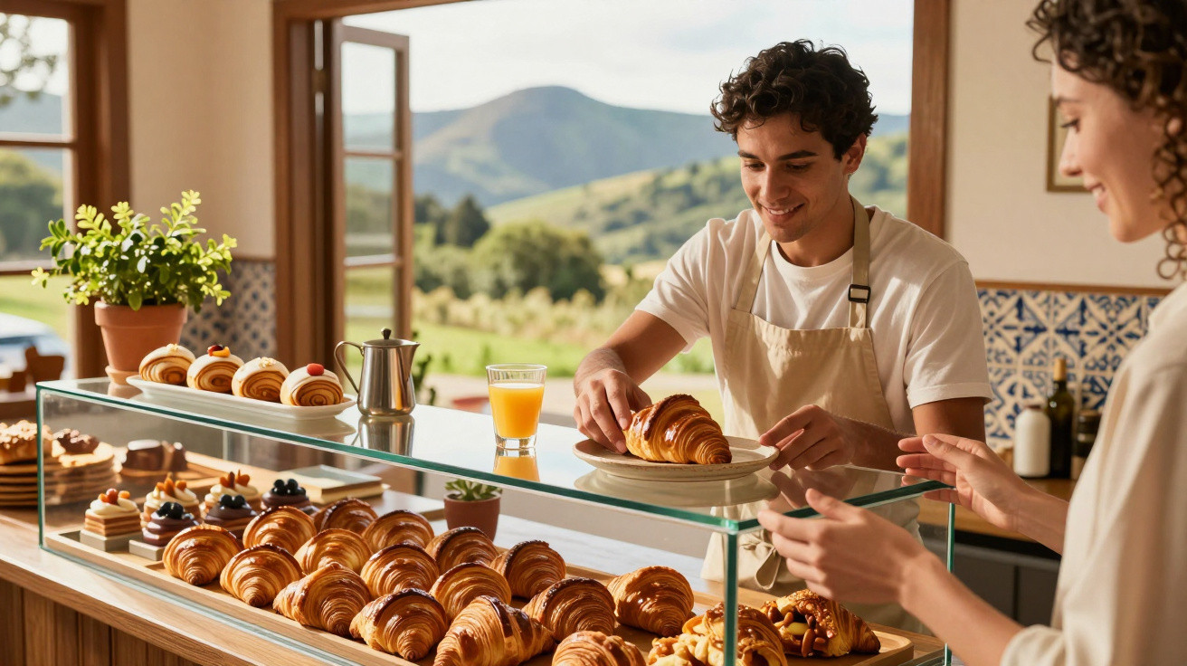 Mitarbeiter reicht Kundin frisches Croissant in sonniger Bäckerei mit Ausblick auf grüne Hügel.