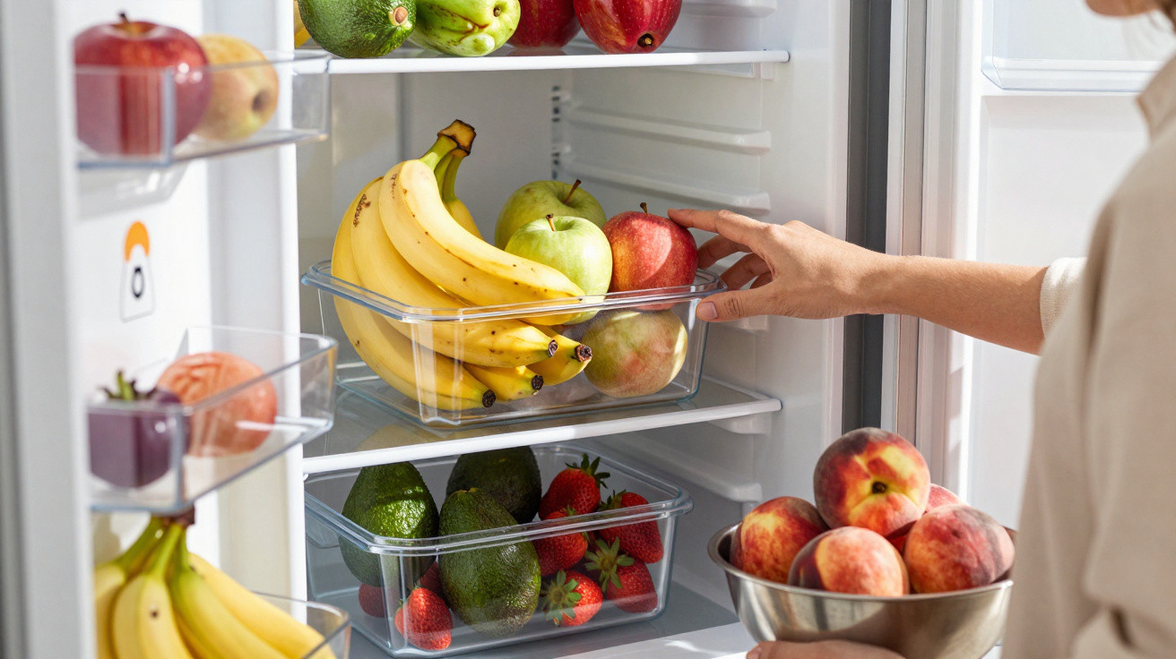 Hand legt roten Apfel in Kühlschrank mit Bananen, Äpfeln, Avocados, Erdbeeren und Pfirsichen.