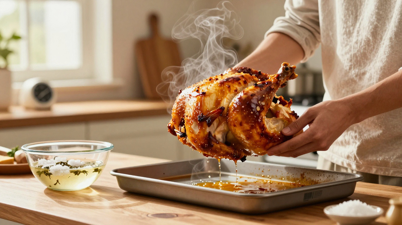 Person hält frisch gebratenes, dampfendes Brathähnchen über Backblech in heller Küche.