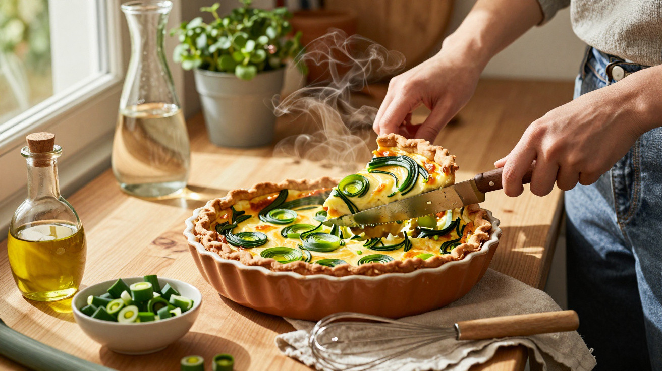Heißer frisch gebackener Zucchini-Quiche wird mit Messer aus einer Form geschnitten auf Holztisch am Fenster.