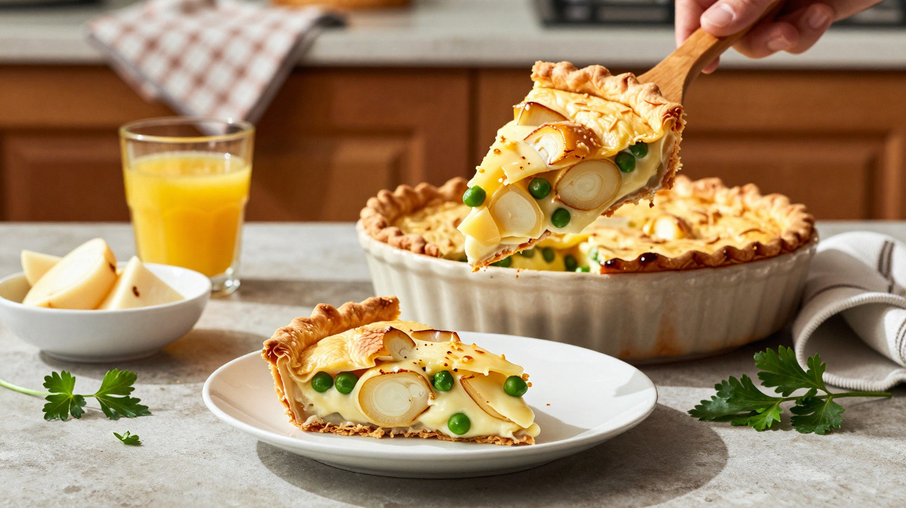 Stück Gemüsequiche mit Erbsen und Spargel auf weißem Teller, neben einer ganzen Quiche und Orangensaft.