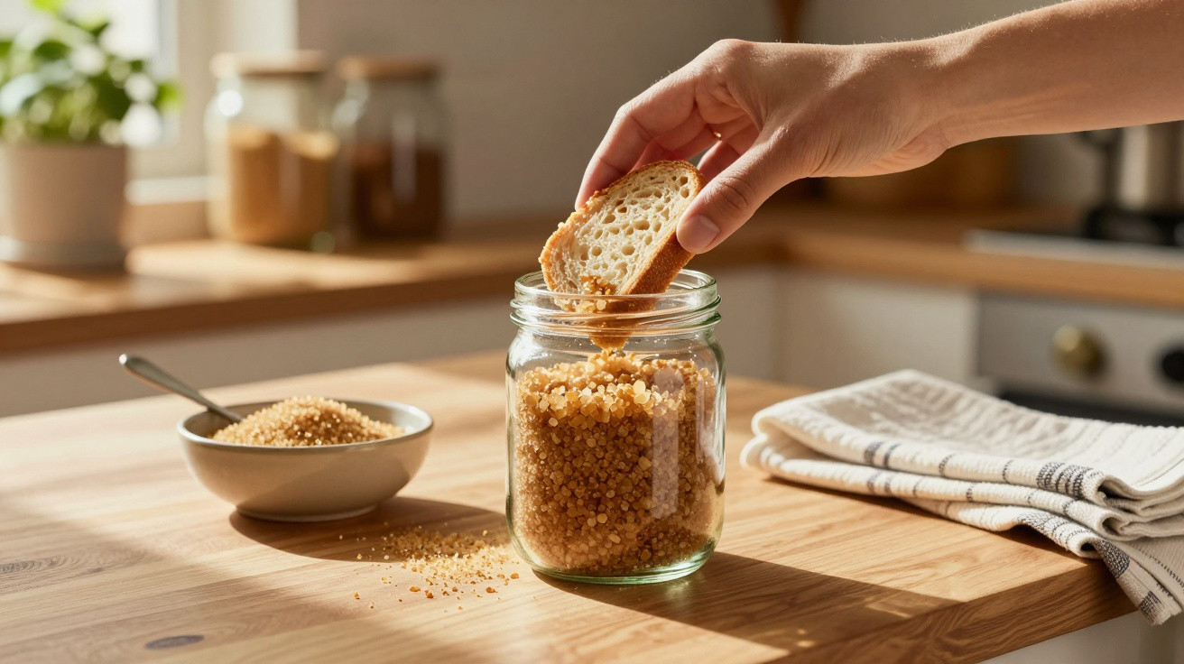 Hand taucht ein Brot in ein Glas mit Kichererbsen auf einem Holztisch in einer hellen Küche.