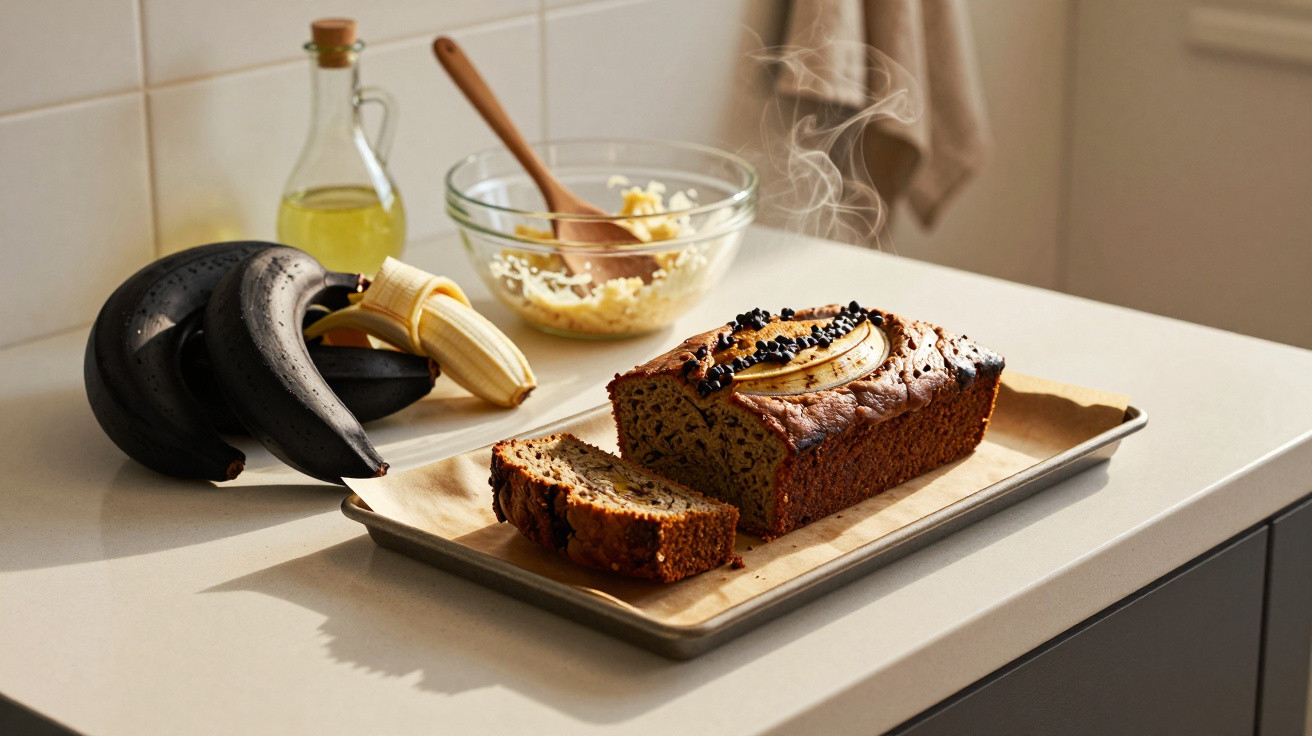 Frisch gebackener Bananenkuchen mit Dampf auf Backblech, daneben reife schwarze Bananen, Butter und Öl in Küche.